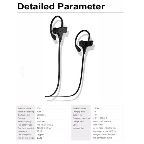 S30 Wireless Bluetooth Sport Stereo Ear Hook Earphone (Red)